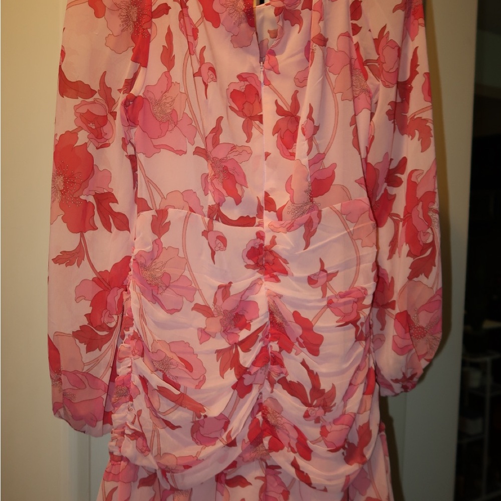 Floral Pink and Red Ruched Dress